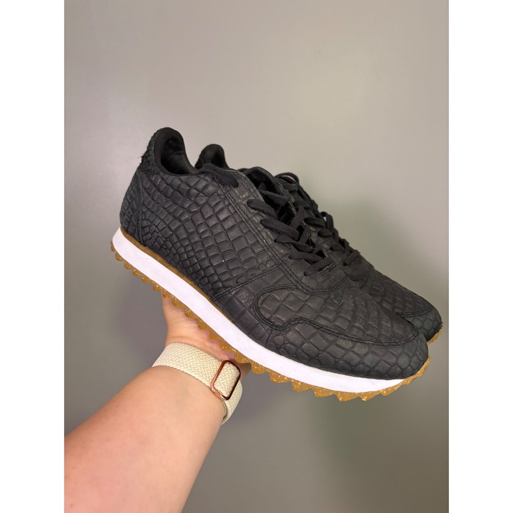 Woden Ydun Croco II Sneakers Womens 8 Black Leather Embossed‎ Cork Breathable